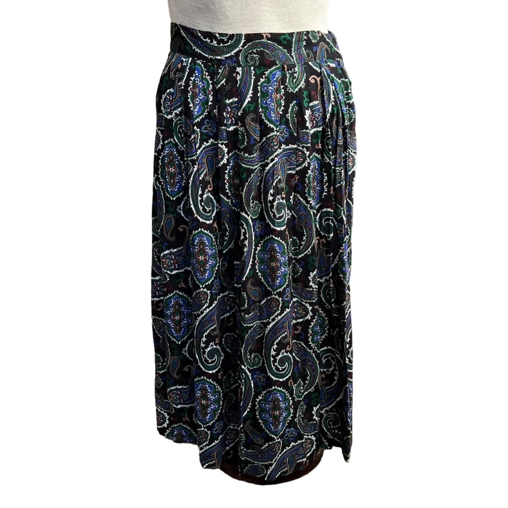 Vtg 90s Sweetbriar Skirt 16 Women Black Paisley Pleated Rayon‎ Cottage POCKETS